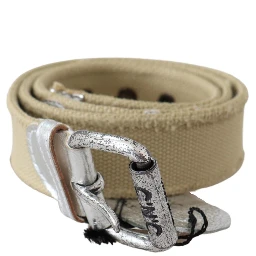Beige Cotton Rustic Logo Buckle Belt