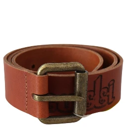 Brown Leather Logo Bronze Rustic Metal Buckle Belt