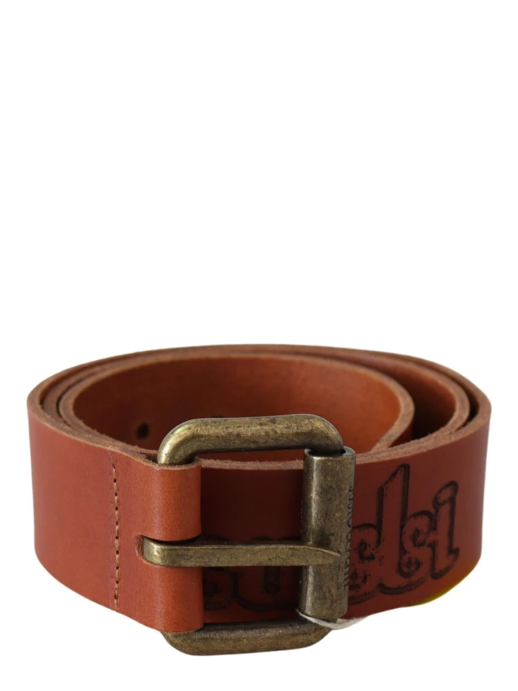 Brown Leather Logo Bronze Rustic Metal Buckle Belt