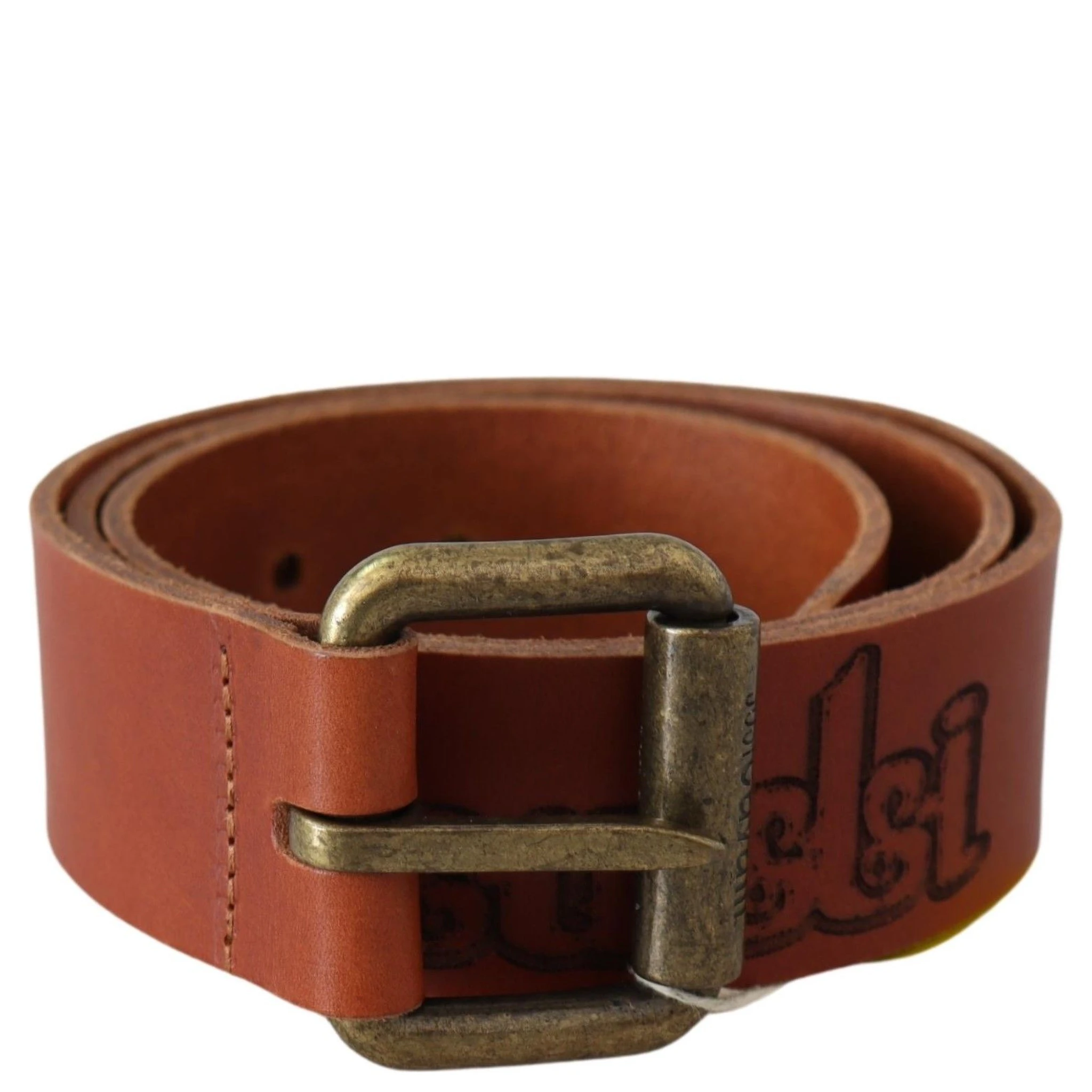 Brown Leather Logo Bronze Rustic Metal Buckle Belt