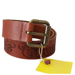 Brown Leather Logo Bronze Rustic Metal Buckle Belt