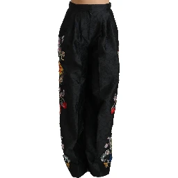 Black Brocade Floral Sequined Beaded Pants