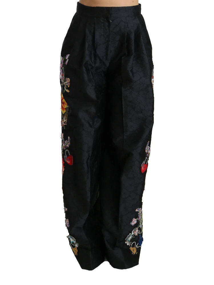 Black Brocade Floral Sequined Beaded Pants