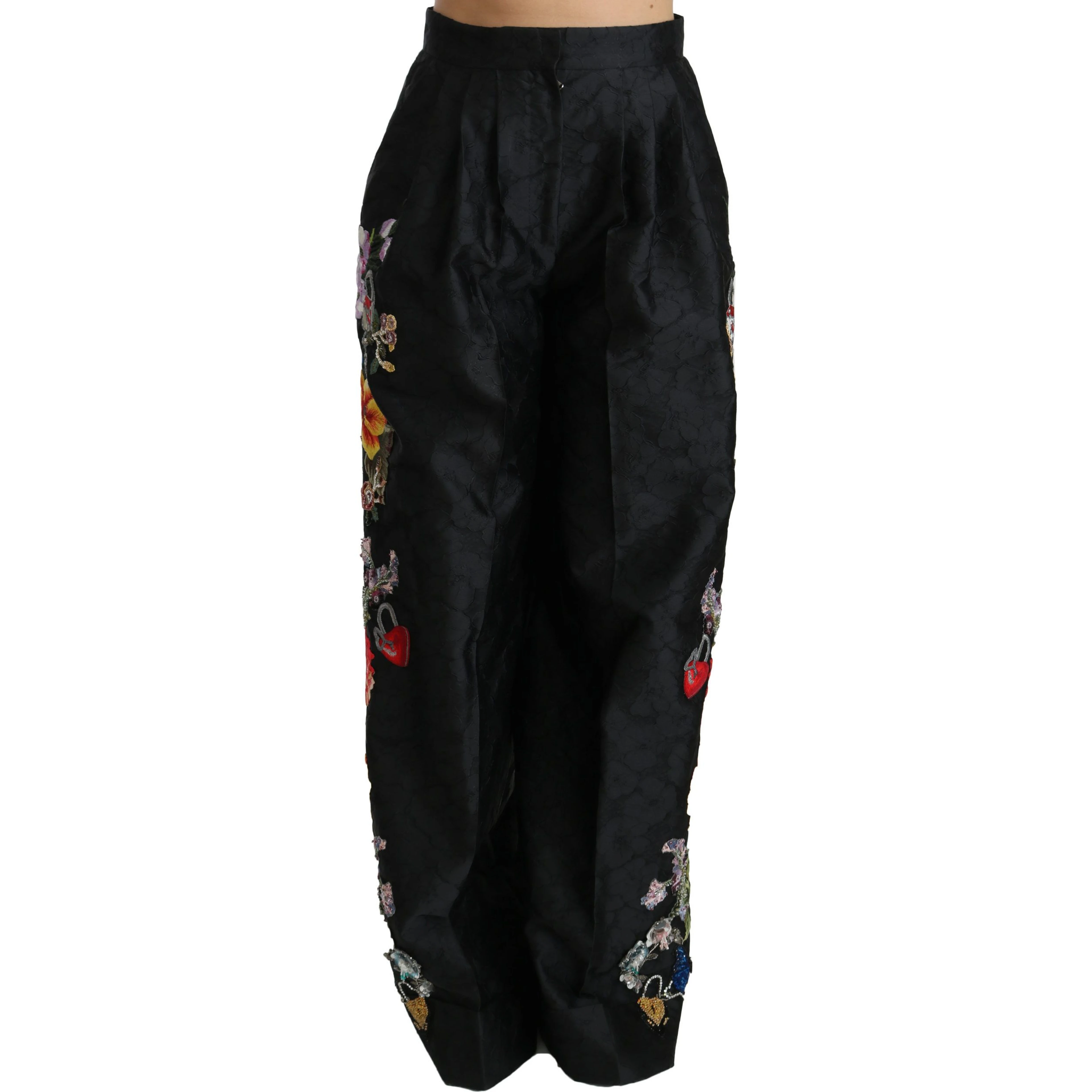 Black Brocade Floral Sequined Beaded Pants