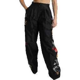 Black Brocade Floral Sequined Beaded Pants