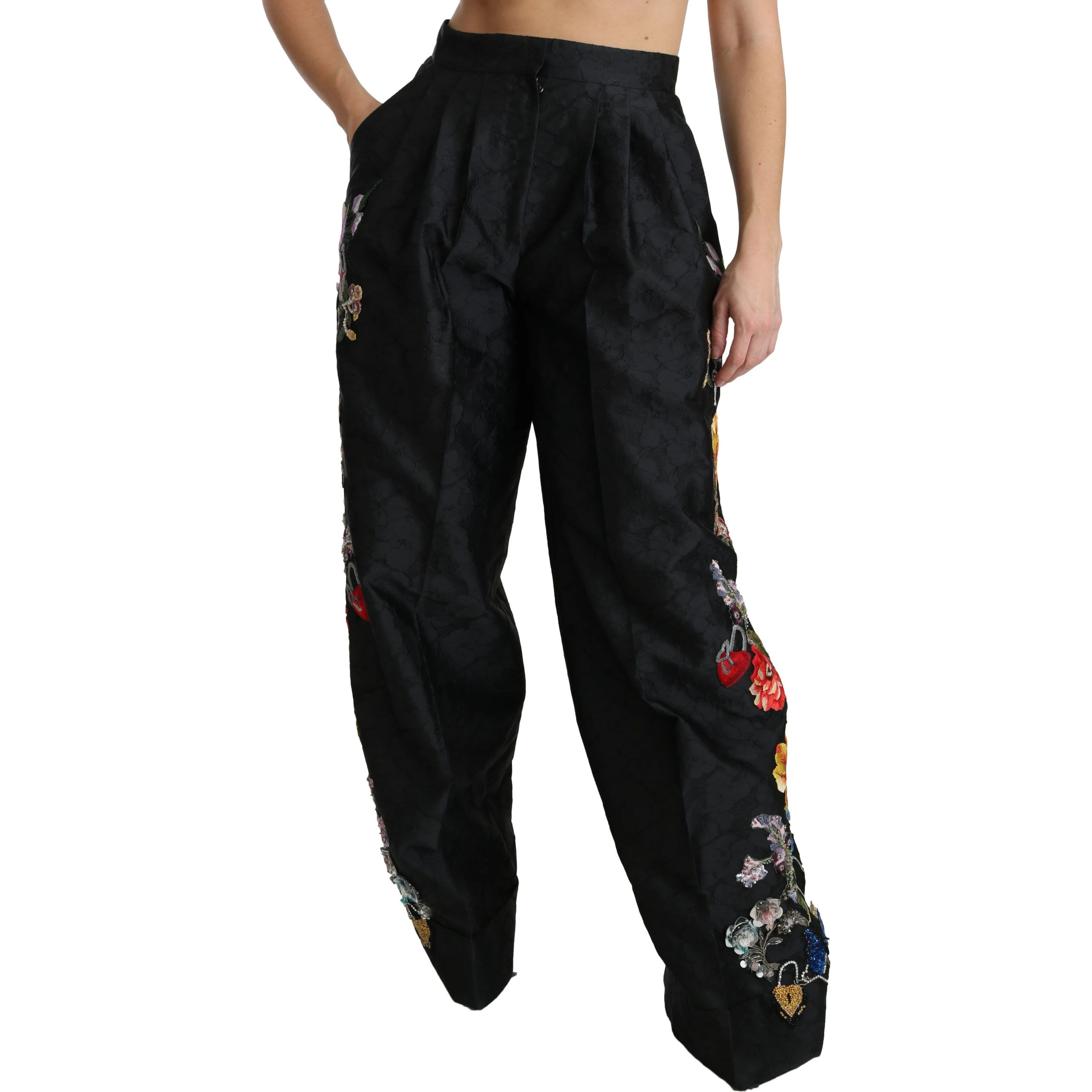 Black Brocade Floral Sequined Beaded Pants