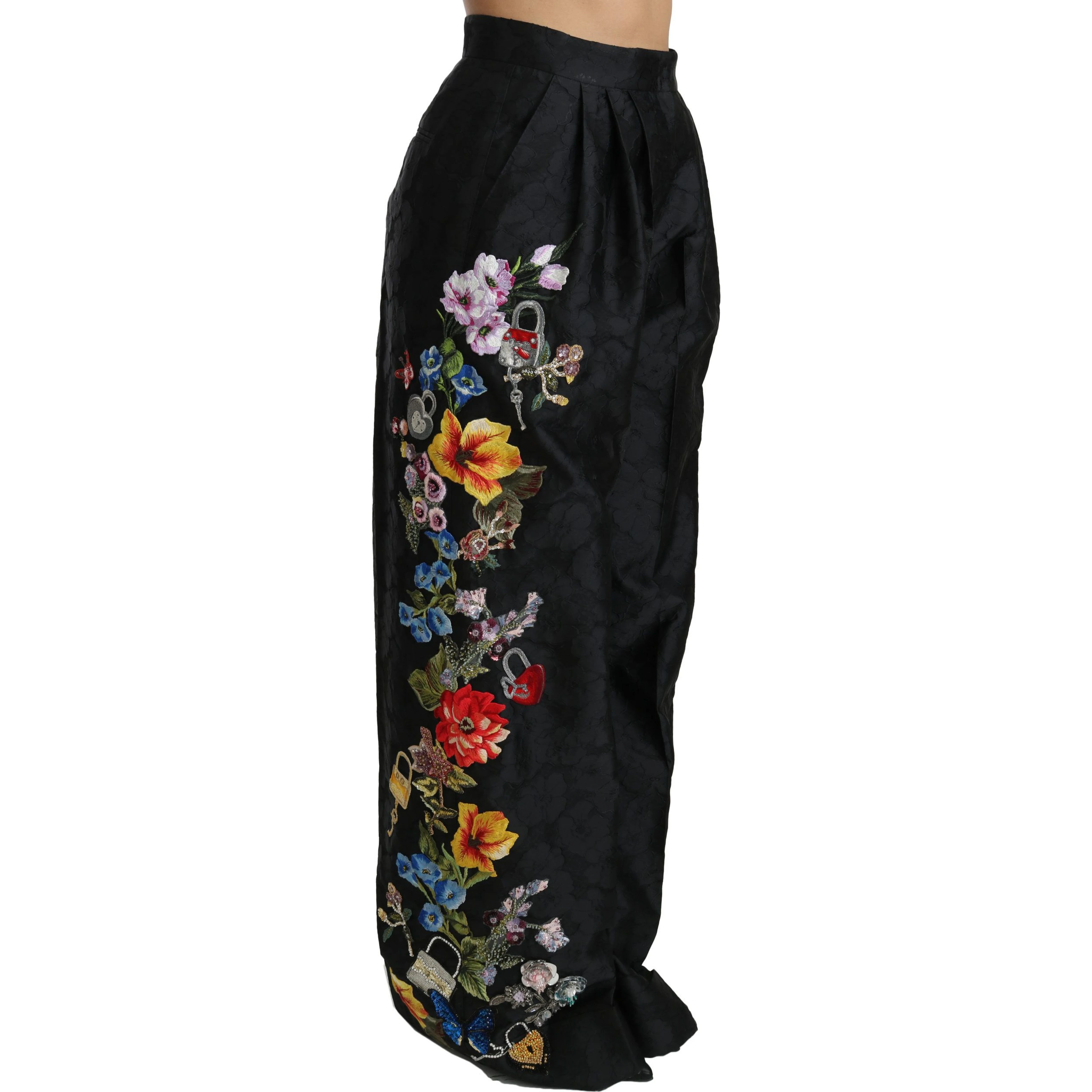 Black Brocade Floral Sequined Beaded Pants