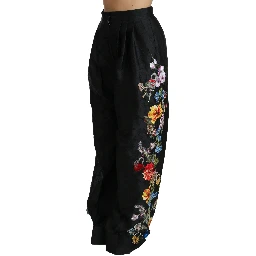 Black Brocade Floral Sequined Beaded Pants