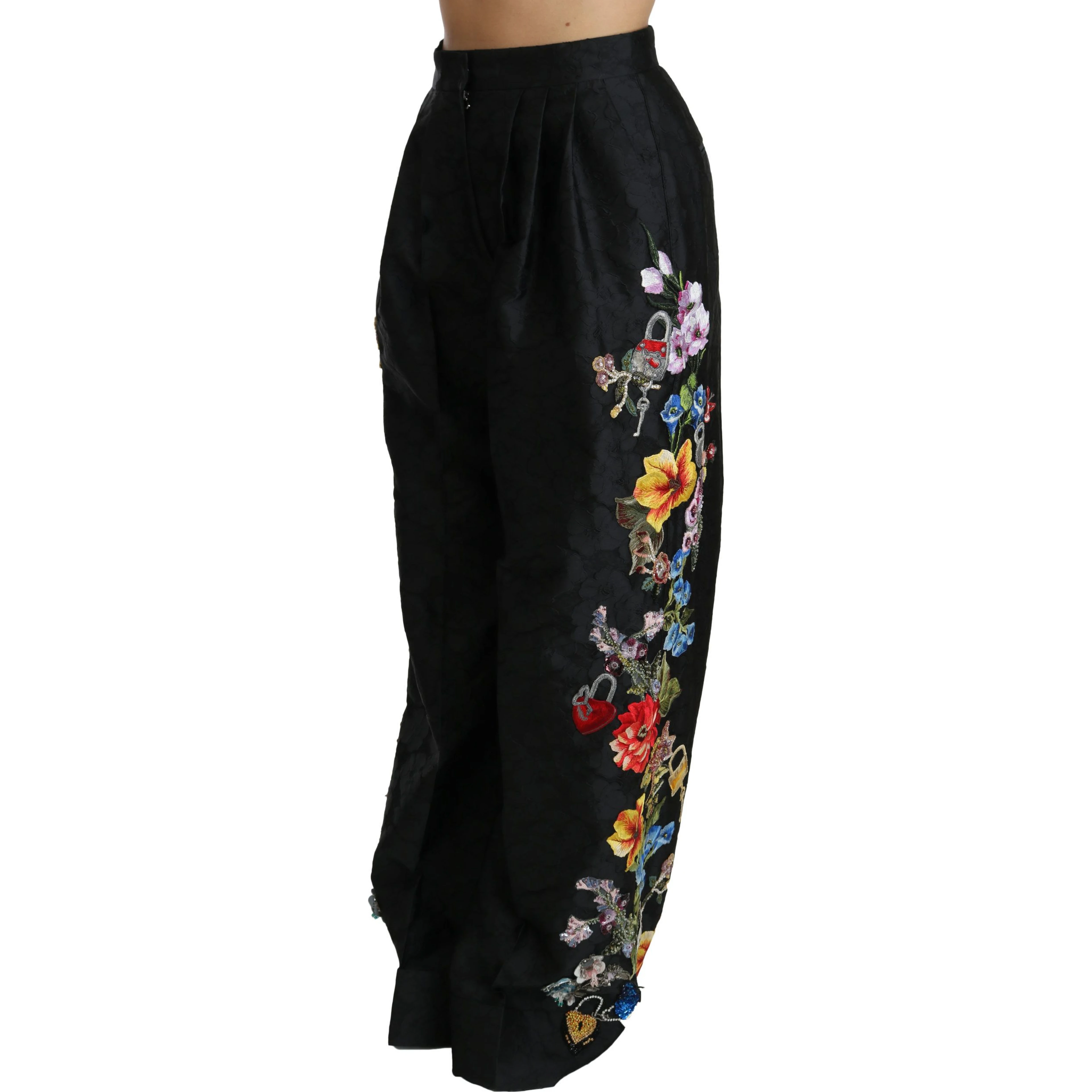 Black Brocade Floral Sequined Beaded Pants