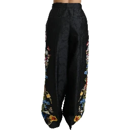 Black Brocade Floral Sequined Beaded Pants