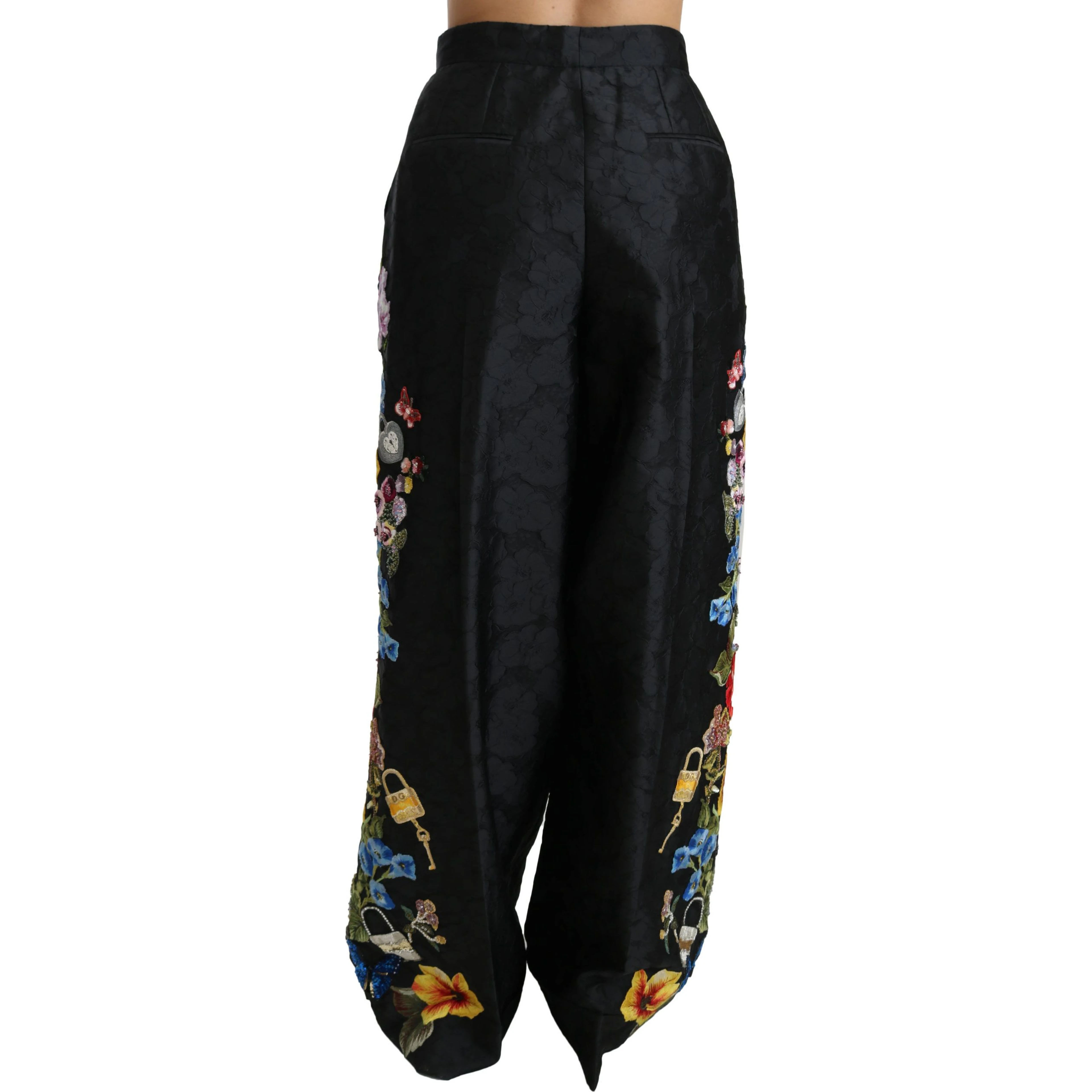 Black Brocade Floral Sequined Beaded Pants