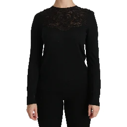 Black Silk Lace Crew Neck Long Sleeve Blouse
