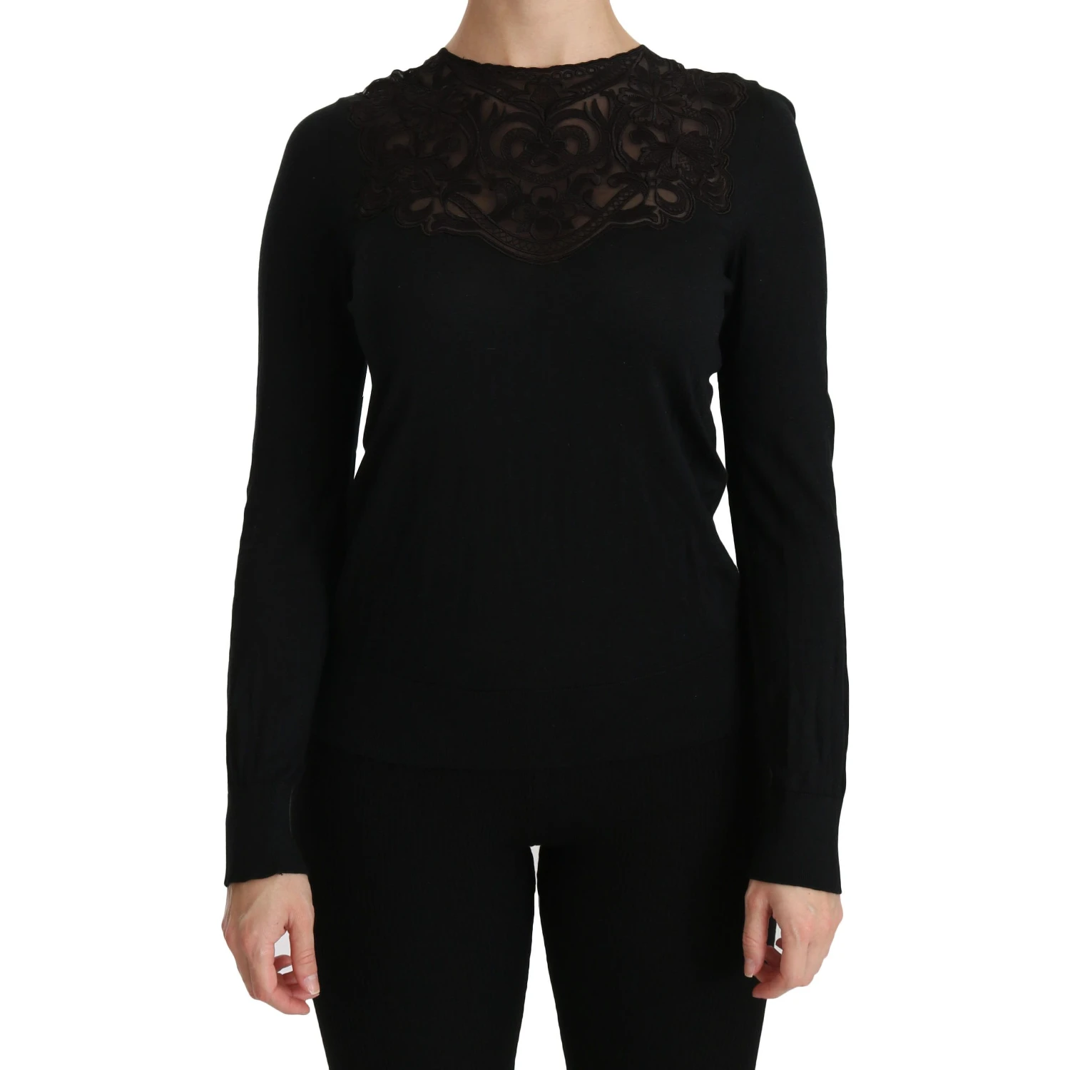 Black Silk Lace Crew Neck Long Sleeve Blouse