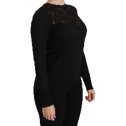 Black Silk Lace Crew Neck Long Sleeve Blouse