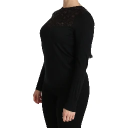 Black Silk Lace Crew Neck Long Sleeve Blouse