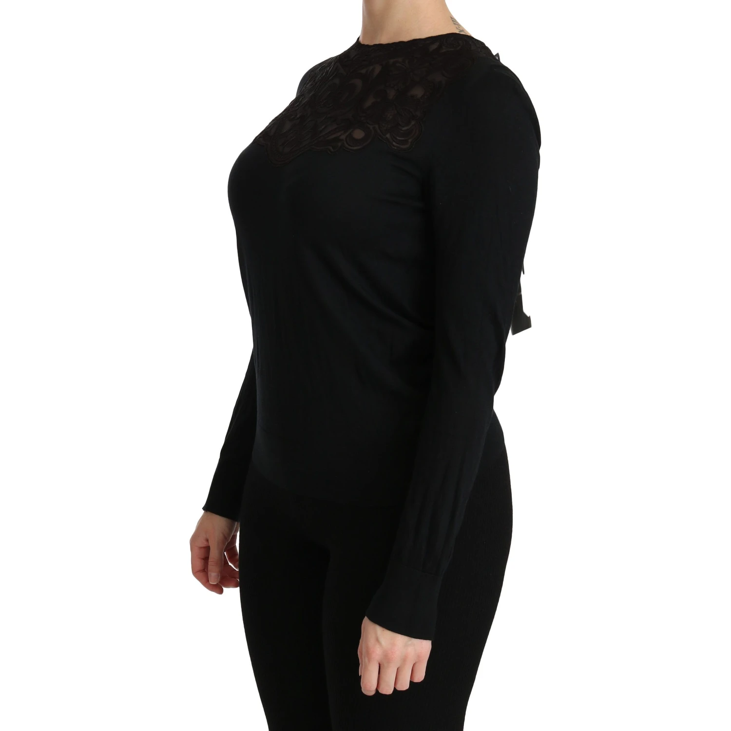 Black Silk Lace Crew Neck Long Sleeve Blouse
