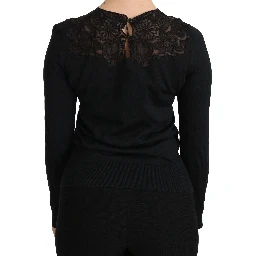 Black Silk Lace Crew Neck Long Sleeve Blouse