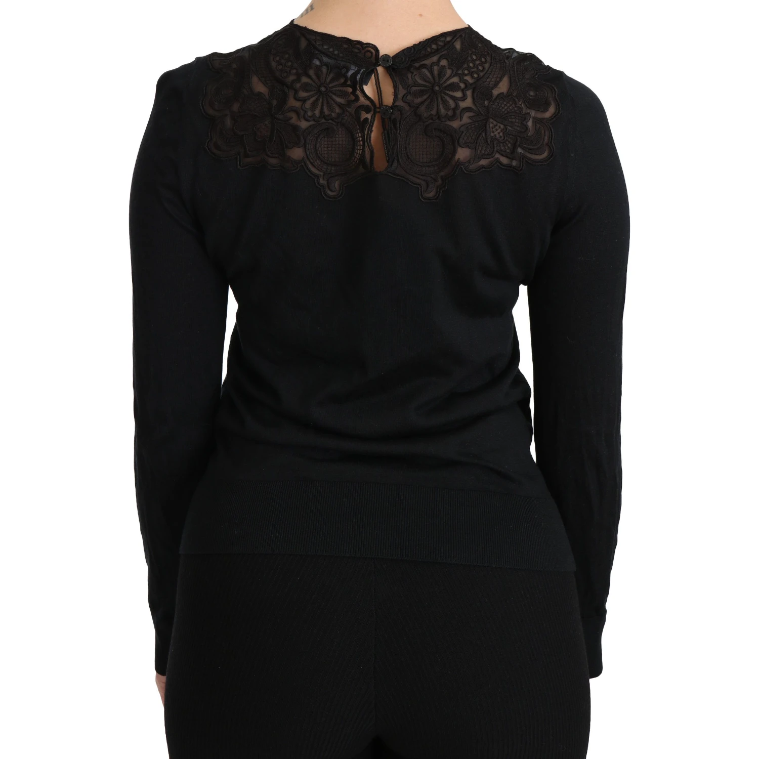 Black Silk Lace Crew Neck Long Sleeve Blouse