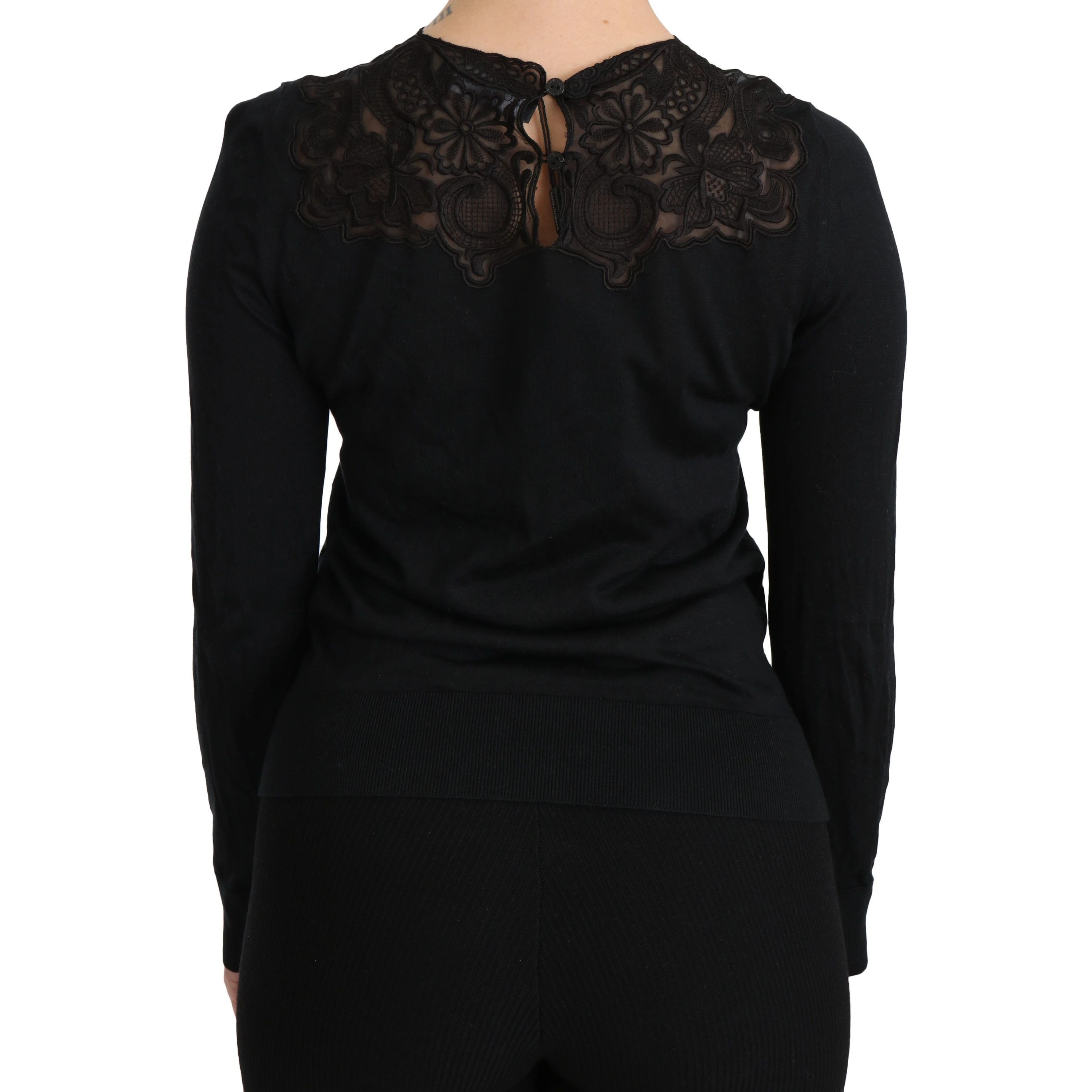 Black Silk Lace Crew Neck Long Sleeve Blouse