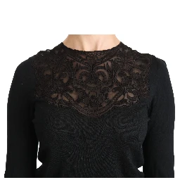 Black Silk Lace Crew Neck Long Sleeve Blouse