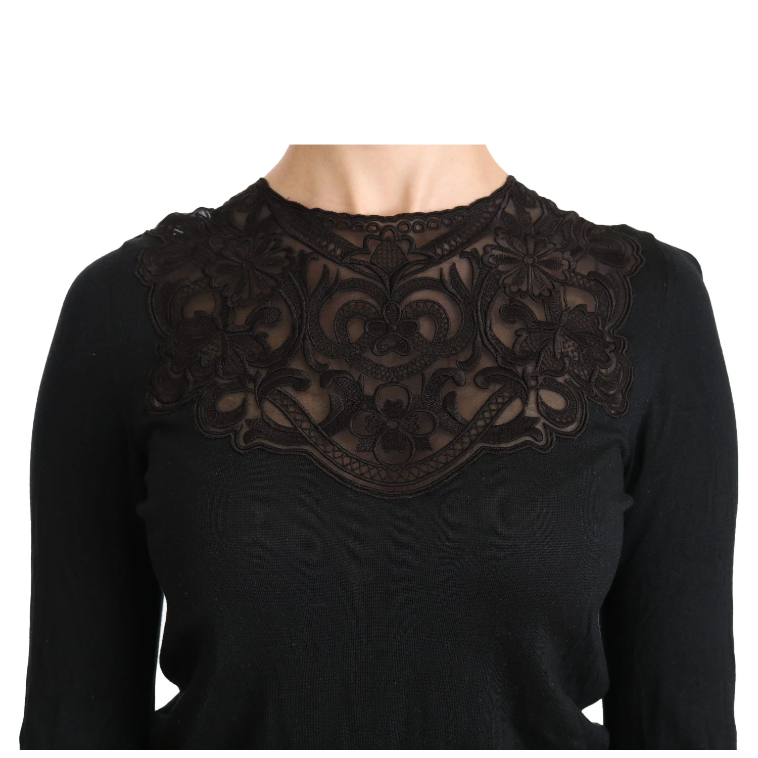 Black Silk Lace Crew Neck Long Sleeve Blouse