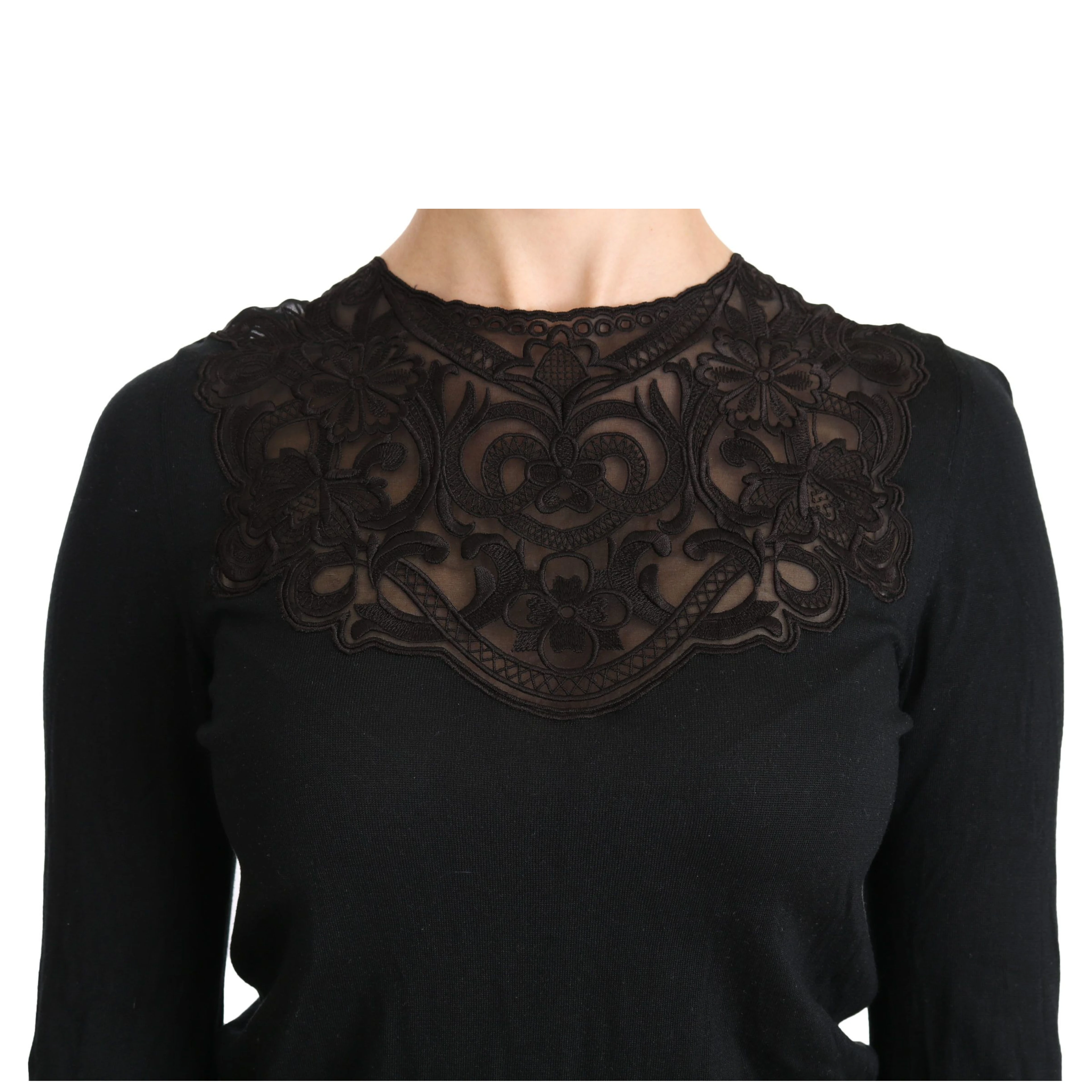 Black Silk Lace Crew Neck Long Sleeve Blouse