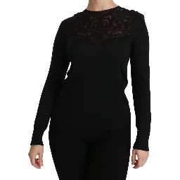 Black Silk Lace Crew Neck Long Sleeve Blouse
