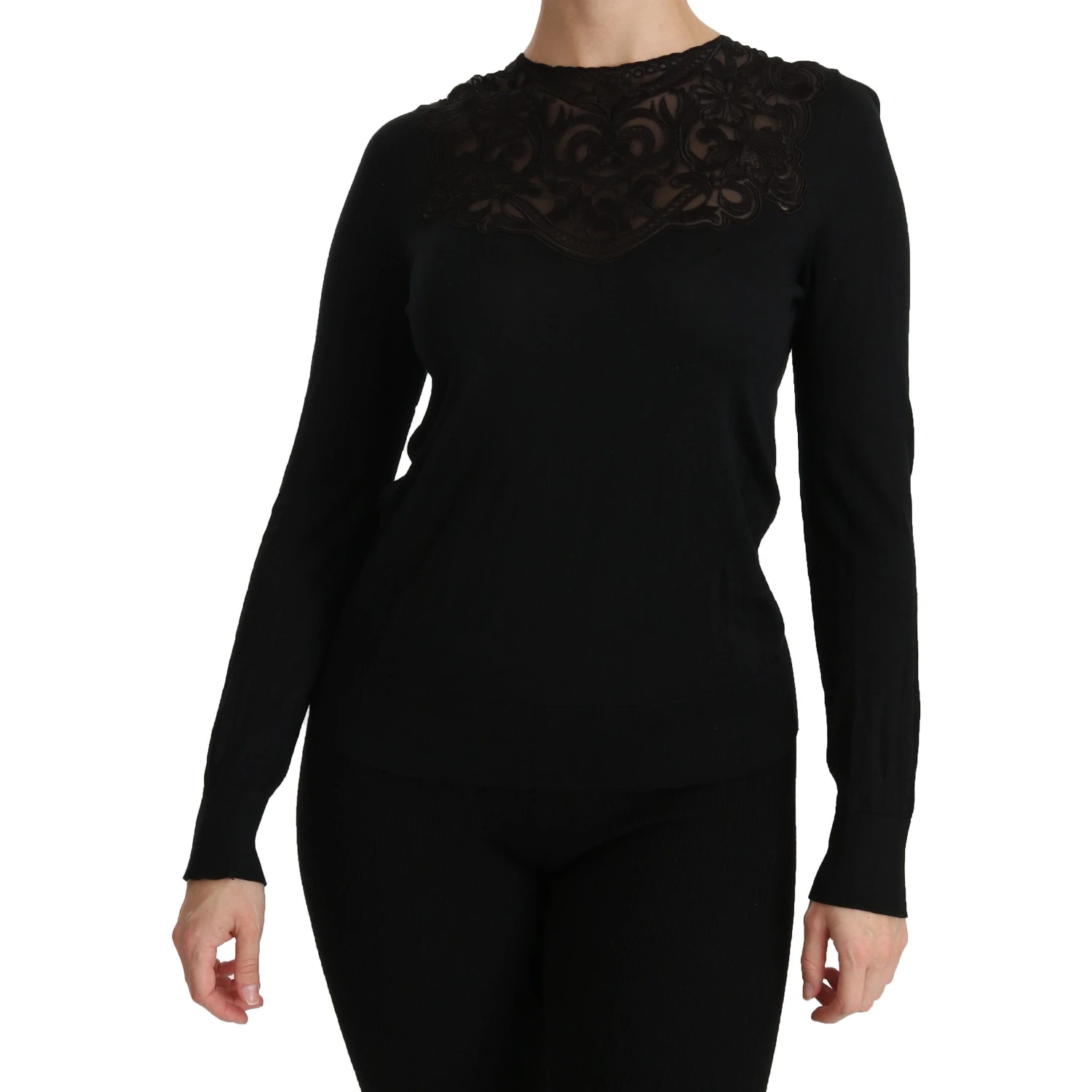 Black Silk Lace Crew Neck Long Sleeve Blouse