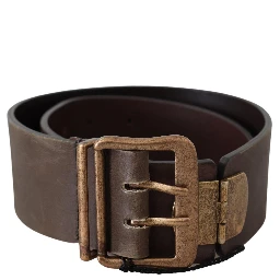Brown Leather Wide Bronze Buckle Waist Belt