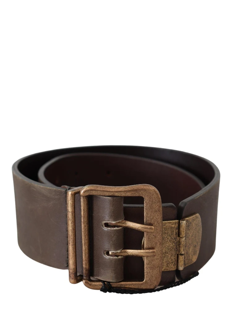 Brown Leather Wide Bronze Buckle Waist Belt