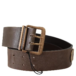 Brown Leather Wide Bronze Buckle Waist Belt