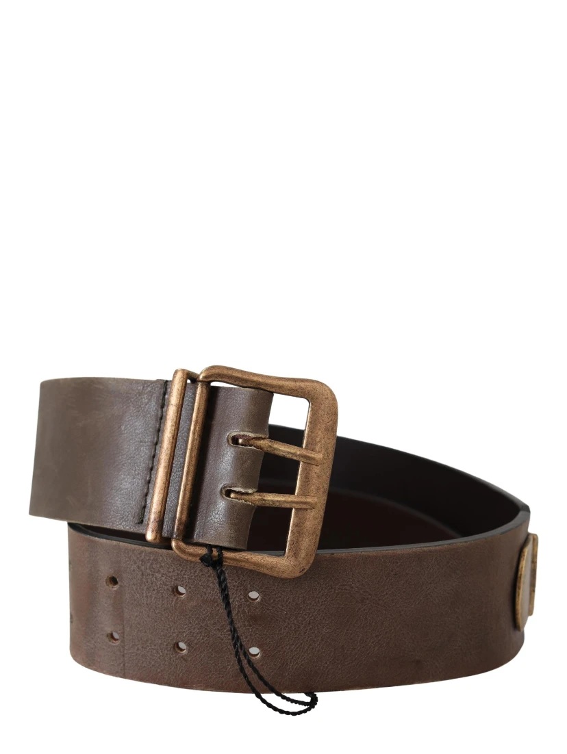 Brown Leather Wide Bronze Buckle Waist Belt