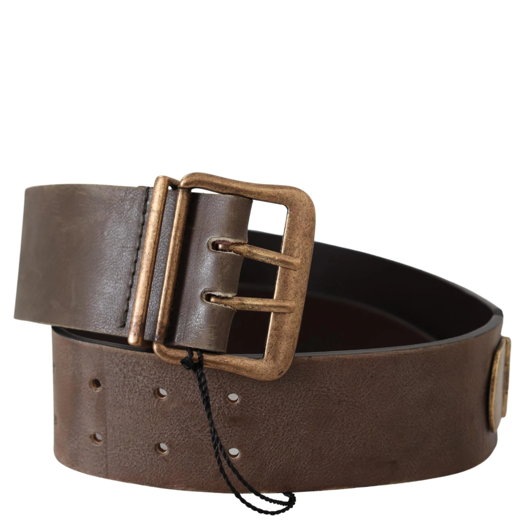 Brown Leather Wide Bronze Buckle Waist Belt