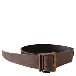 Brown Leather Wide Bronze Buckle Waist Belt