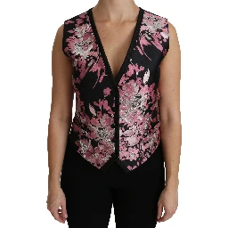Black Pink Floral Waistcoat Vest Blouse Top