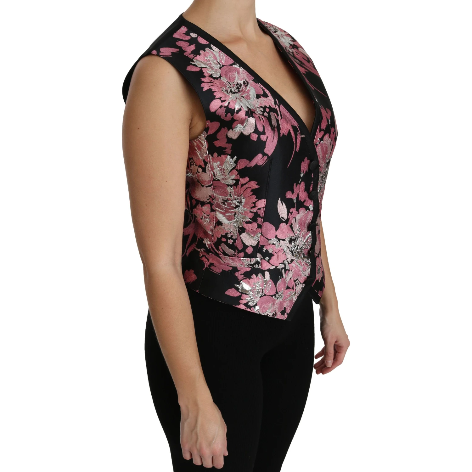 Black Pink Floral Waistcoat Vest Blouse Top