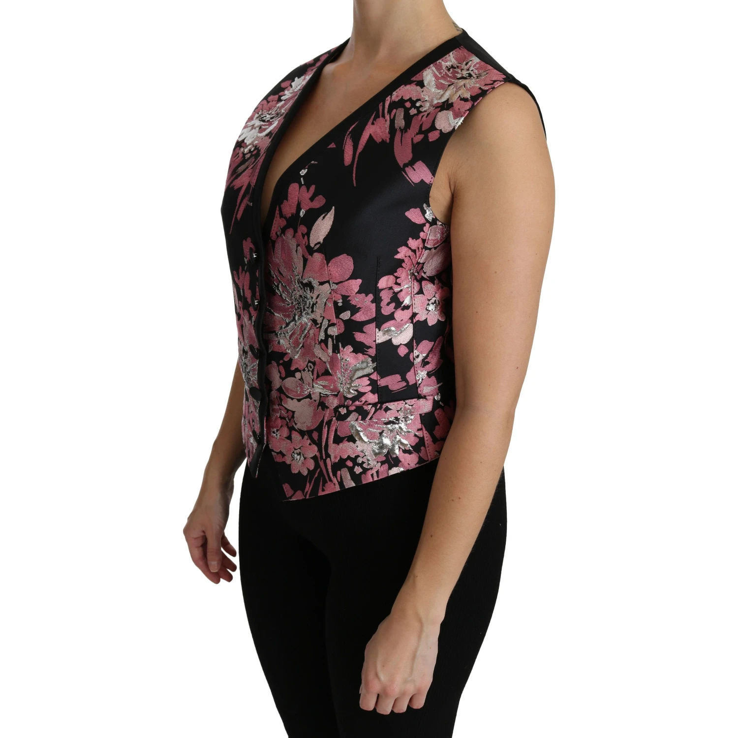 Black Pink Floral Waistcoat Vest Blouse Top