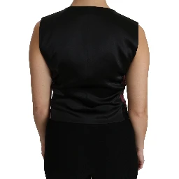 Black Pink Floral Waistcoat Vest Blouse Top