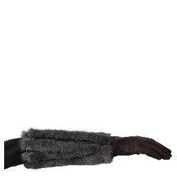 Brown Mid Arm Length Leather Fur Gloves