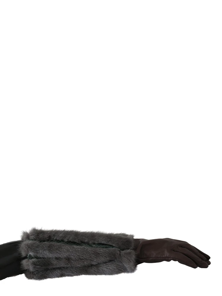 Brown Mid Arm Length Leather Fur Gloves
