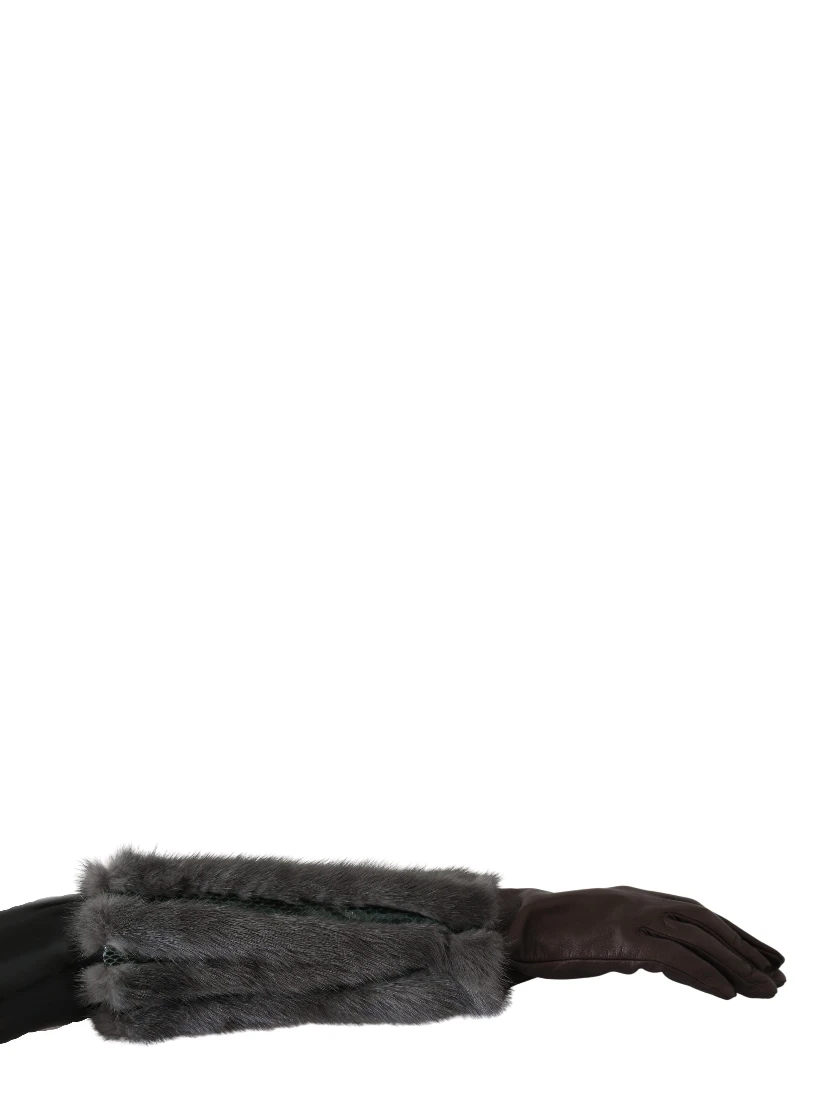 Brown Mid Arm Length Leather Fur Gloves