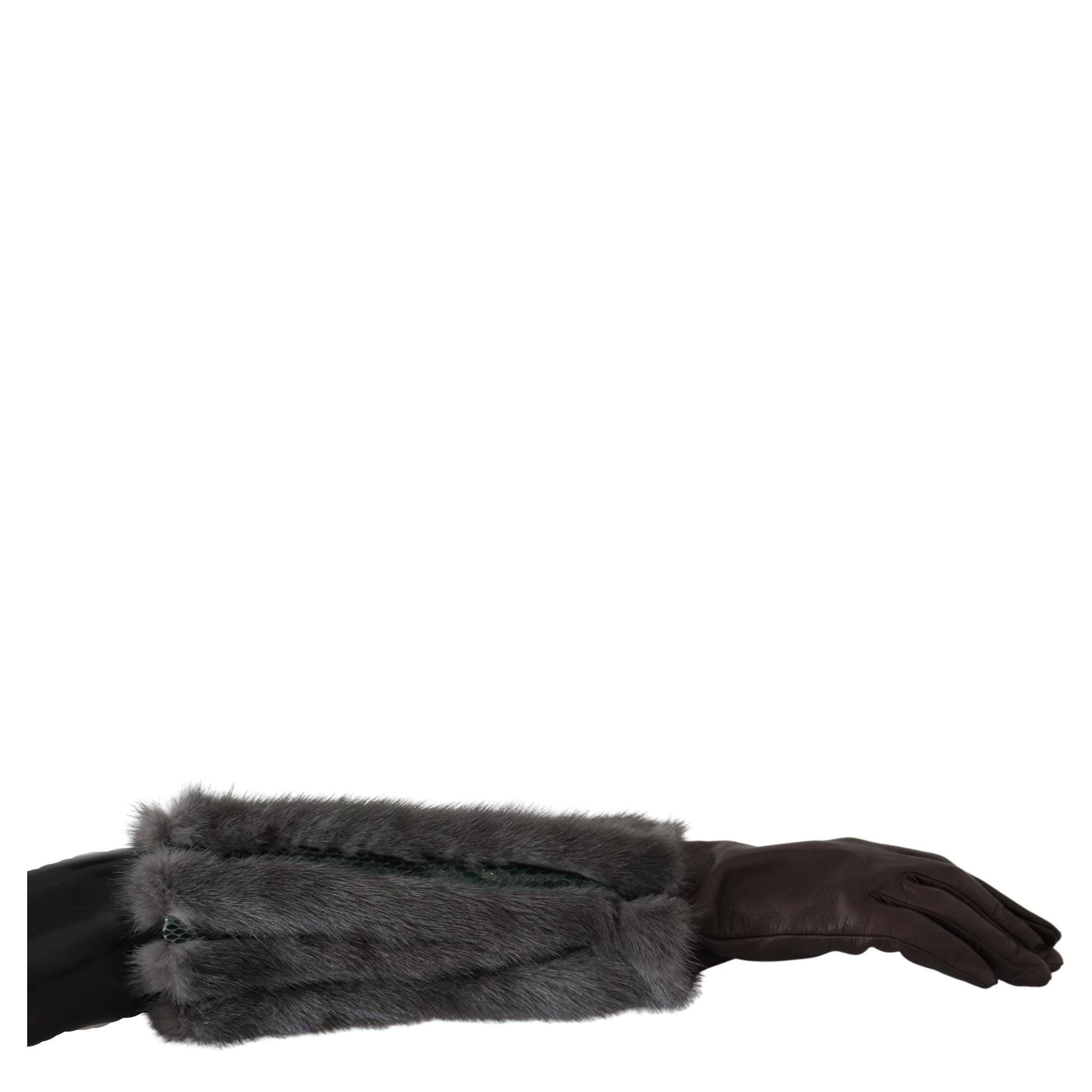 Brown Mid Arm Length Leather Fur Gloves