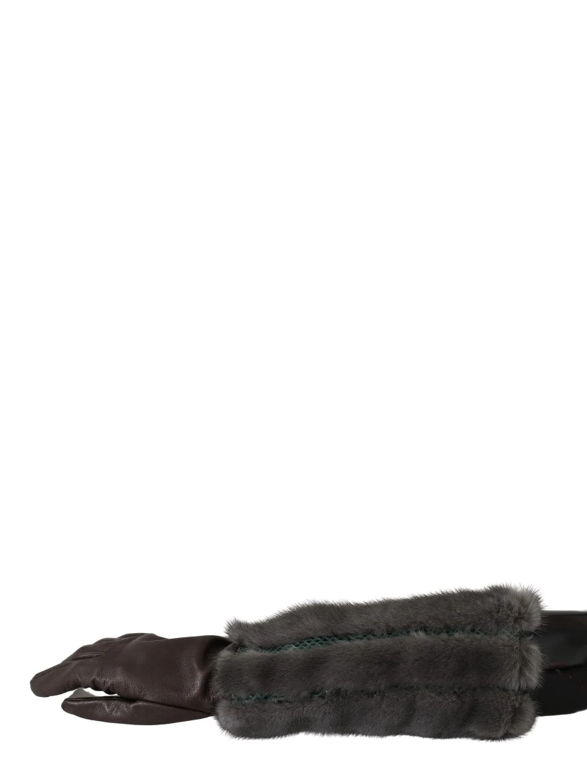 Brown Mid Arm Length Leather Fur Gloves