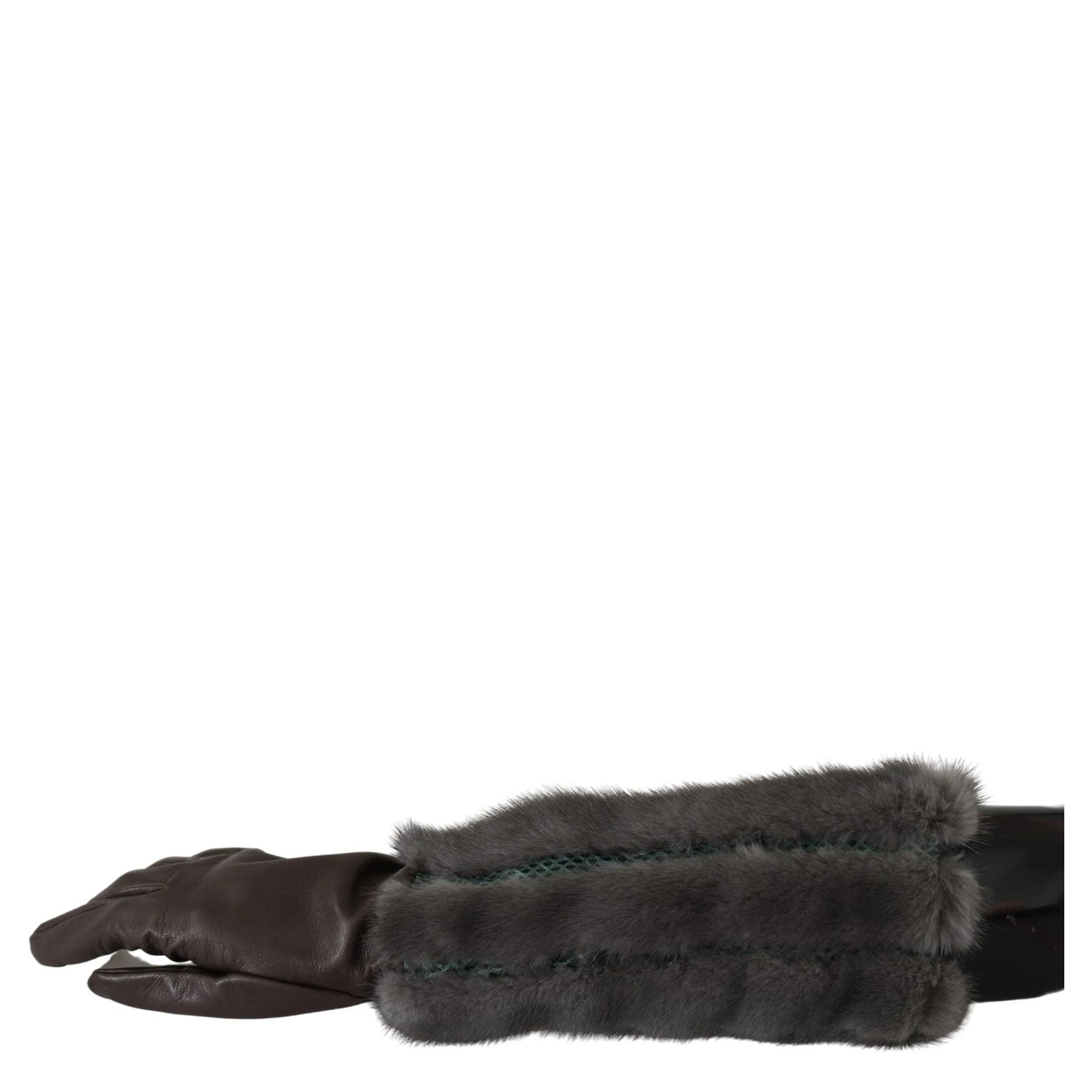 Brown Mid Arm Length Leather Fur Gloves
