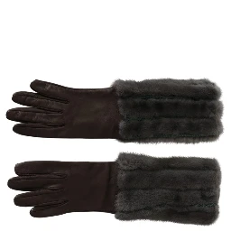 Brown Mid Arm Length Leather Fur Gloves