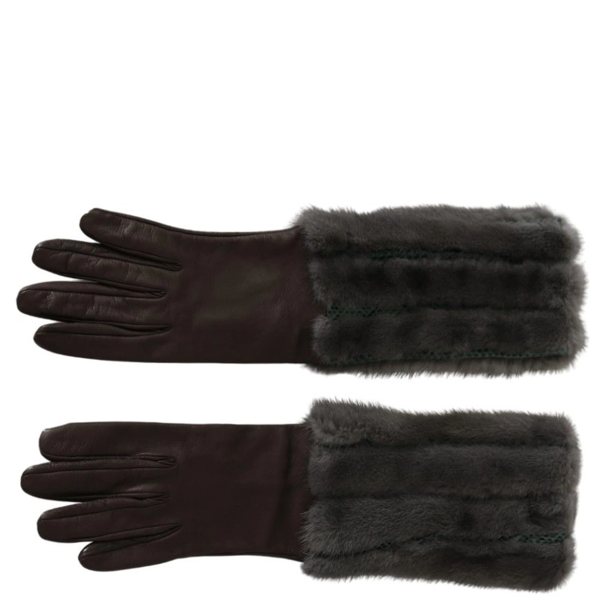 Brown Mid Arm Length Leather Fur Gloves