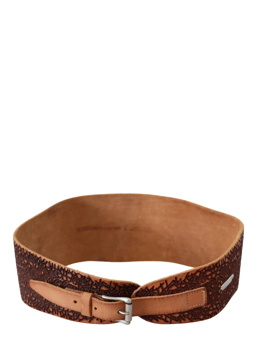 Brown Wide Leather Embroidered Design Logo Belt