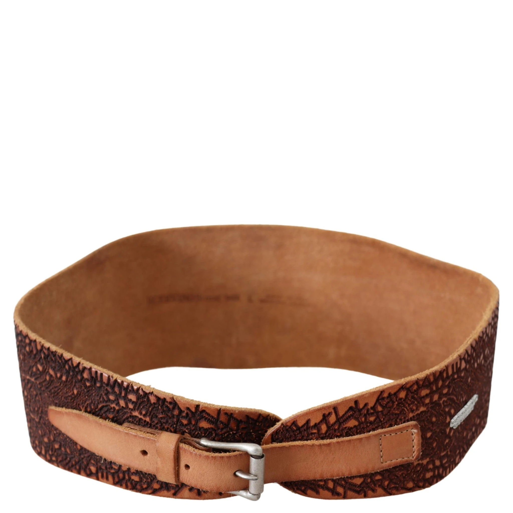 Brown Wide Leather Embroidered Design Logo Belt