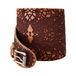Brown Wide Leather Embroidered Design Logo Belt