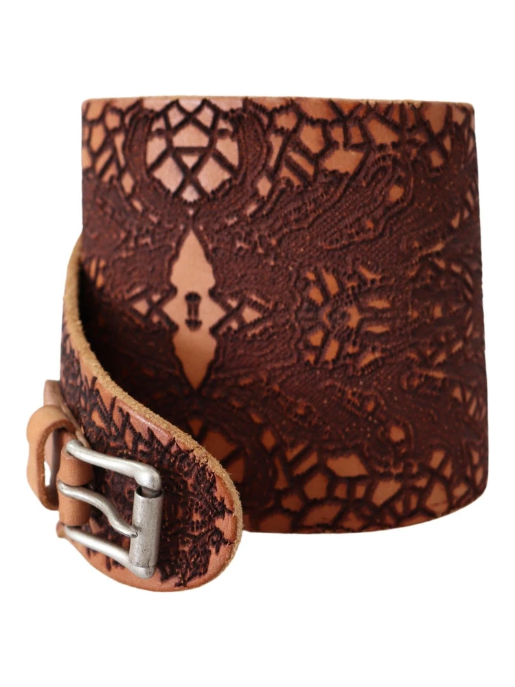 Brown Wide Leather Embroidered Design Logo Belt alternative
